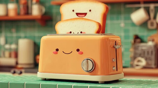 Vintage retro orange toaster bread kitchen appliance cute smiling breakfast countertop, bread slice popping up on kitchen counter in warm light video