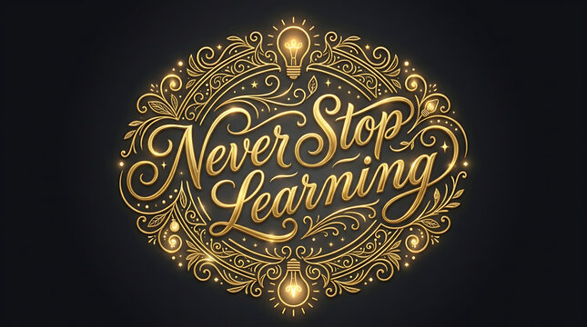 Elegant never stop learning badge with ornate gold filigree and light bulbs on black background