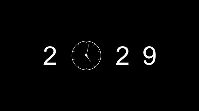 abstract black 2029 with clock symbol in white background. Digital clock icon 4k animation video