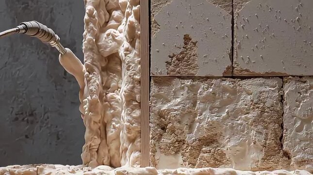 Construction spray foam sealing gaps between stone blocks and wooden frame during professional home renovation project