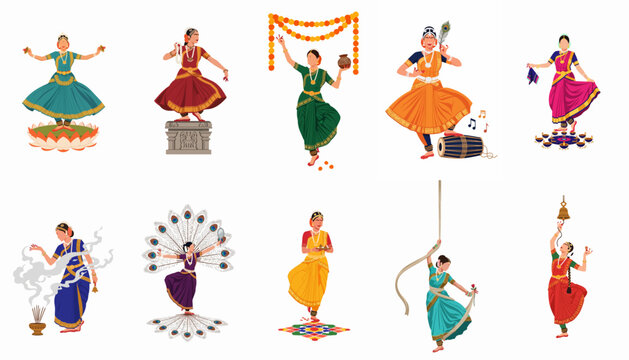 Collection of Indian classical dancers in traditional costumes and poses, featuring Bharatanatyam performers with various cultural elements and symbols.