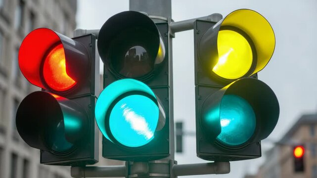 Traffic lights displaying red, yellow, and green signals on street   