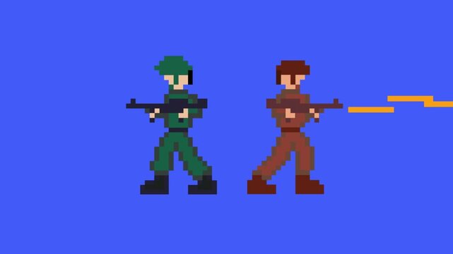 Pixel art animation of an old game with two soldiers with guns shooting, art, vintage, pixel, blue.