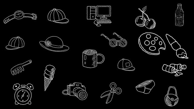 Animated video of several different objects and utensils in black and white strokes, drawing, 2D, black.