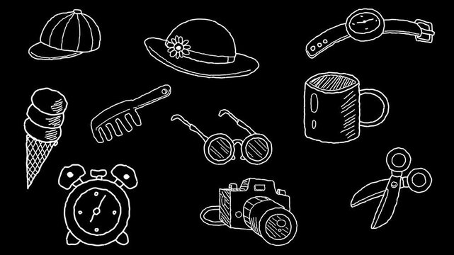 Animated video of several different objects and utensils in black and white strokes, art, drawing, 2D.