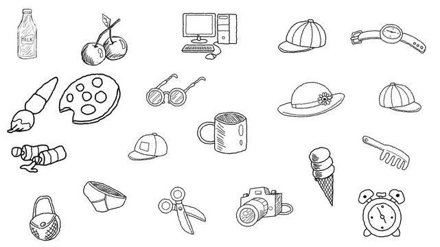Animated video of several different objects and utensils in black and white strokes, drawing, 2D.