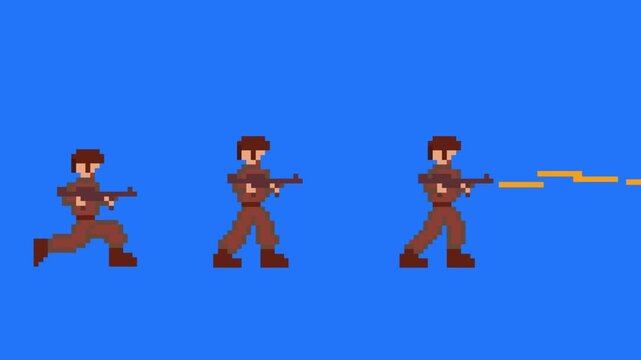 Pixel art animation of an old game with a soldier with a gun moving in different poses, shooting, art, blue.