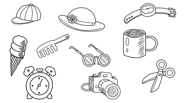 Animated video of several different objects and utensils in black and white strokes, art, drawing.