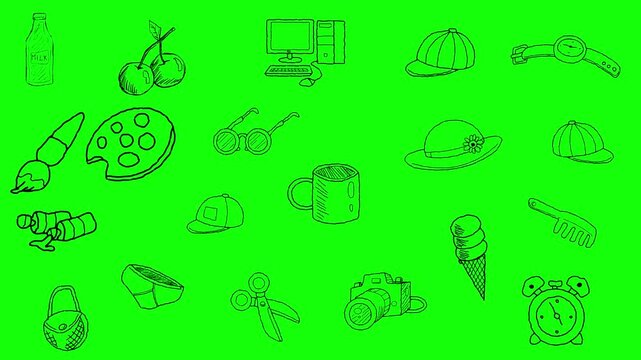 Animated video of several different objects and utensils in black strokes, art, drawing, green.