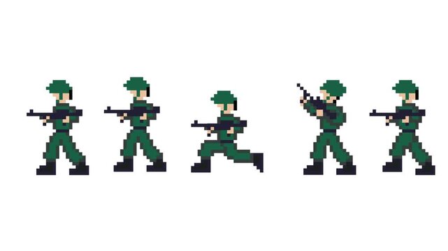 Pixel art animation of an old game with a soldier with a gun moving in different poses, shooting, art, pixel, white.