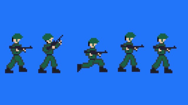 Pixel art animation of an old game with a soldier with a gun moving in different poses, shooting, art, pixel, blue.