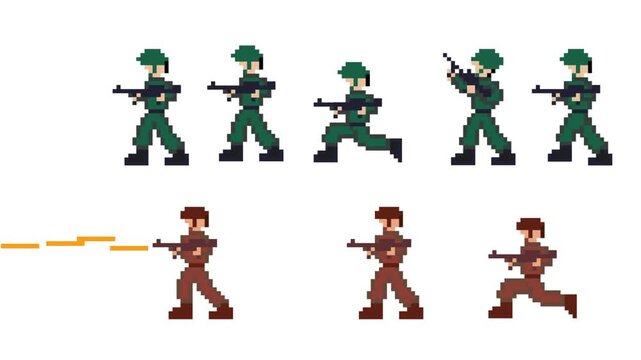 Pixel art animation of an old game with a soldier with a gun moving in different poses, shooting, art, vintage, pixel, white.