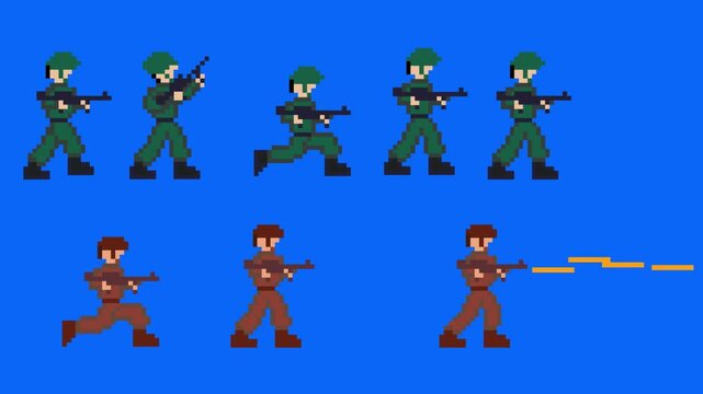 Pixel art animation of an old game with a soldier with a gun moving in different poses, shooting, art, vintage, pixel, blue.