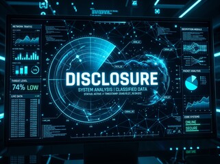 Fototapeta premium Futuristic digital interface screen displaying 'Disclosure' with system analysis and classified data.