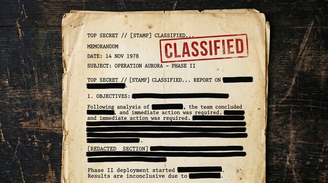 Top Secret Classified Memorandum titled Operation Aurora - Phase II with redactions indicating a sensitive government or military document outlining objectives and deployment details