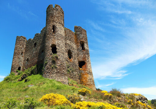 La ruine du ch&acirc;teau m&eacute;di&eacute;val d'Alleuze en bordure de la rivi&egrave;re Truy&egrave;re.