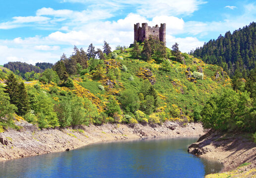 La ruine du ch&acirc;teau m&eacute;di&eacute;val d'Alleuze en bordure de la rivi&egrave;re Truy&egrave;re.