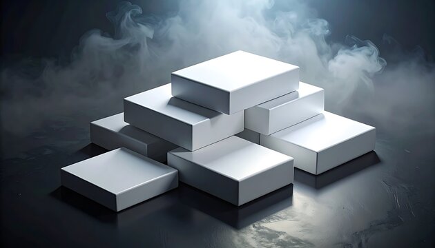 Stacked geometric white blocks arranged in a pyramid shape, dramatic lighting with smoke and mist, representing construction, building, or abstract concepts