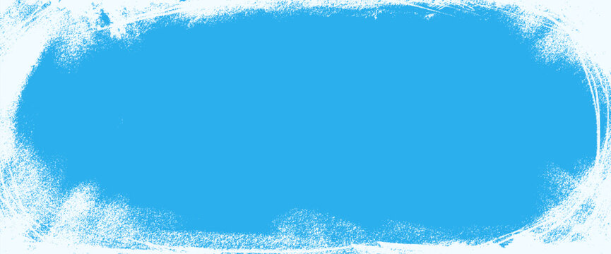 Snowy grunge texture with white oval snow frame on winter blue background. Worn scratch overlay on ice rink with grunge effect for seasonal poster. Round frost vector border in clean cool tone.