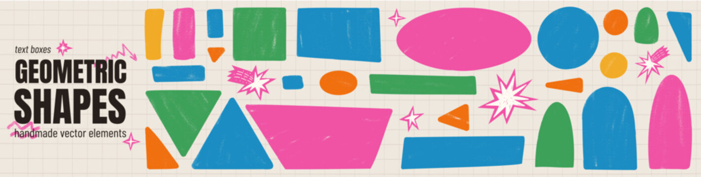 Pastel shape and sticker crayon figure with chalk texture for kids journal. Geometric pastel shapes and painted callout doodle. Vector hand drawn set with abstract rectangle, square figure isolated.