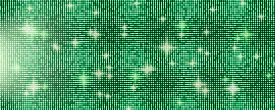 Green glitter mosaic fabric texture for luxury beauty and cosmetic bg. Shiny lime and emerald sequin tile pattern with glamour sparkle for party poster and glam design. Vector disco ball gradient.