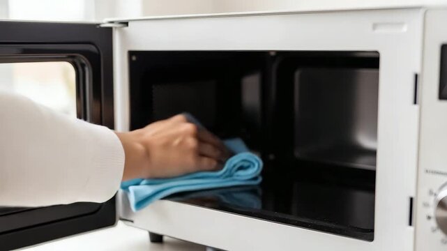Hand cleaning microwave interior with blue cloth at home  