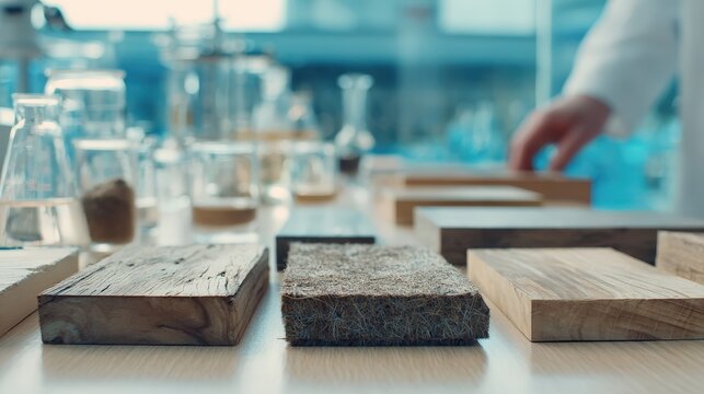 Wooden samples and experimental materials are arranged on a laboratory table for scientific analysis.
