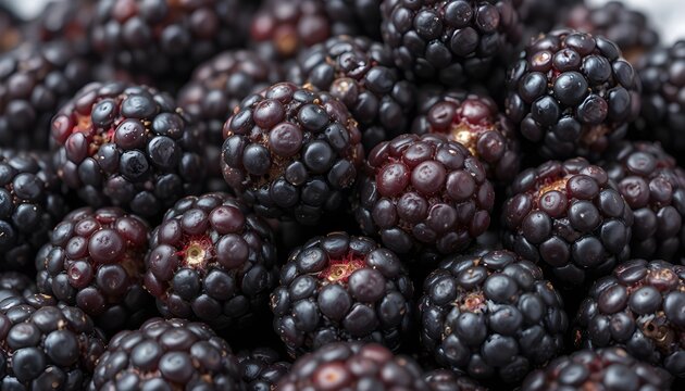  Pile of fresh ripe blackberries, deep dark purple-black berries with natural glossy surface, detailed drupelet texture visible, juicy and fresh appearance, organic summer fruit composition, isolated 