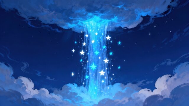 Starry cloud waterfall in night sky