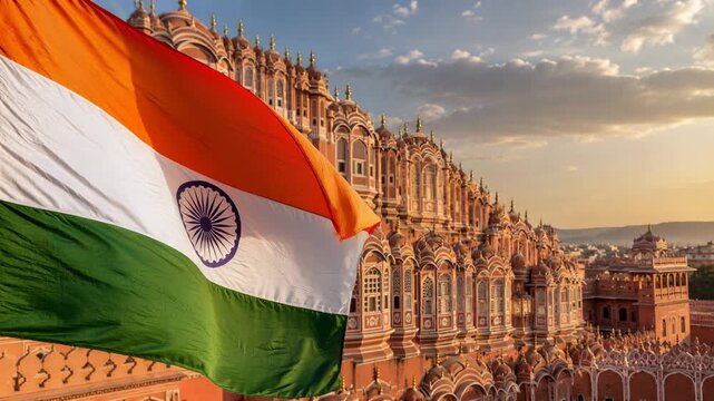 India Flag Waving beside Hawa Mahal in Jaipur Old City