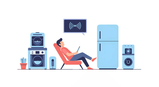 Man relaxing on a chair surrounded by smart home appliances like a refrigerator, washing machine, and TV connected to Wi-Fi