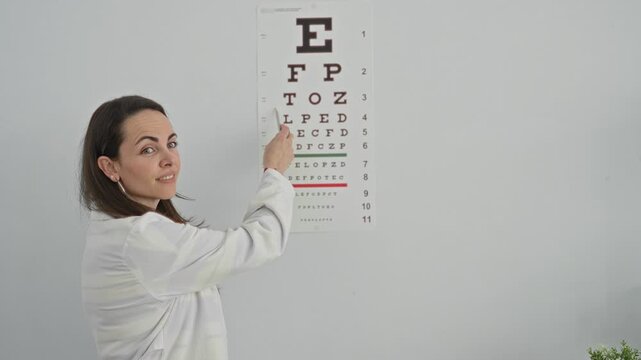 Young hispanic woman optician in white coat points finger to snellen eye chart on wall in building; calm concentration.