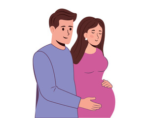 Obraz premium Happy young married couple expecting a baby pregnant woman with a partner or husband vector illustration