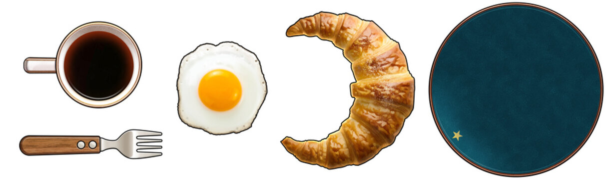 朝食のイラストセット クロワッサンと目玉焼きとコーヒー 真上からの俯瞰