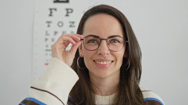 Young hispanic woman adjusts glasses with smiling face in front of eye chart in medical building; confidence reassurance.