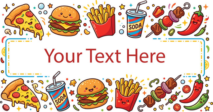 Fast Food Border Frame with Cute Pizza, Burger, French Fries, Soda, and Kebab Characters