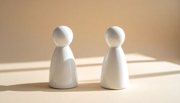Two minimalist white ceramic vases, simple modern decorative objects casting long shadows on a neutral beige background, studio lighting