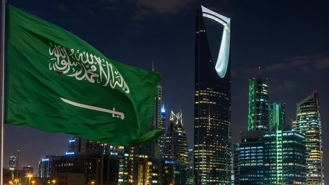 Saudi Arabia Flag Waving over Riyadh Night Skyline Lights