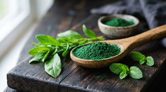 Green spirulina powder in wooden spoon beside fresh mint leaves and spinach on rustic wooden table with natural light illuminating the scene