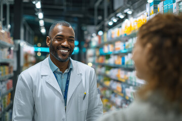 Obraz premium A friendly pharmacist smiling and assisting a customer in a well-lit pharmacy aisle.
