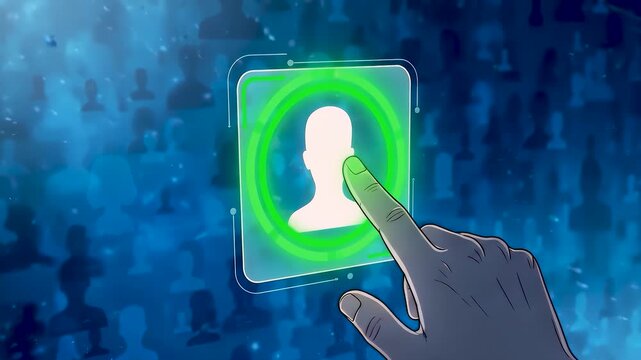 Digital hand finger tap glowing user avatar hologram for targeting audience personalization marketing automation system data technology selection management client engagement communication.