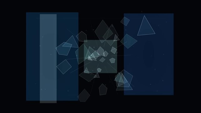 Abstract geometric motion graphics featuring translucent blue shapes, floating squares and triangles on a dark background. Minimalist digital animation with overlapping rectangles and polygons