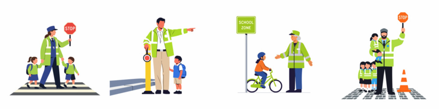 Set of illustrations featuring school crossing guards in high-visibility uniforms helping children safely cross the street and navigate school zones.