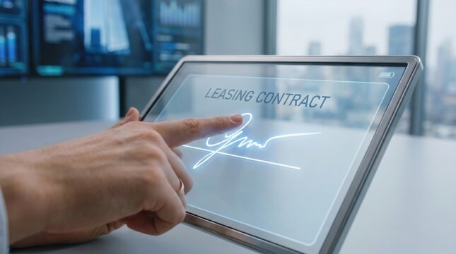 A person digitally signing a leasing contract on a transparent touchscreen device in a modern office setting.