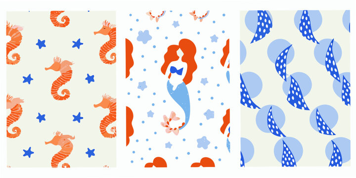 Seahorse and mermaid pattern whimsical vector illustration on a beige background