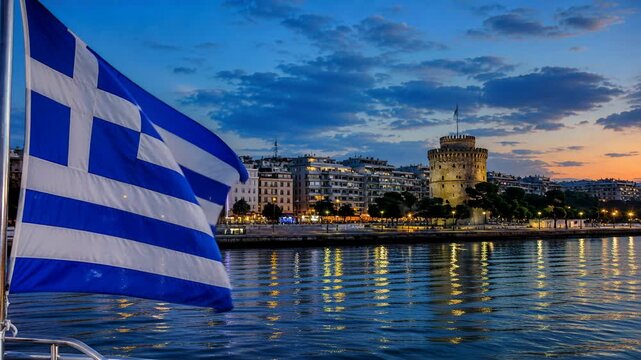 Greece Flag Waving over Thessaloniki Waterfront at Blue Hour