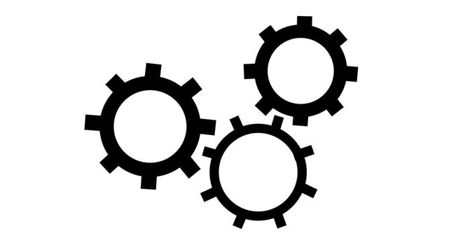 A graphical representaion featuring black gear cogs against a pristine white backdrop.4k video three Inter locking  gears on background. 
