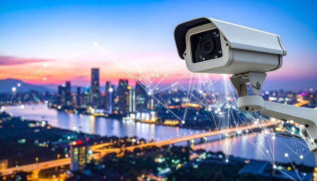 Modern surveillance camera facing cityscape with digital network overlay, symbolizing smart cities, AI monitoring, and urban connectivity.