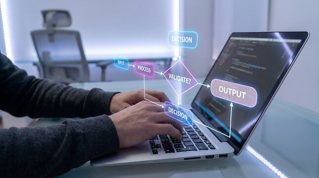 Person's hands typing on a laptop with glowing code and data visualizations appearing on the screen programming visualisation technology software developer