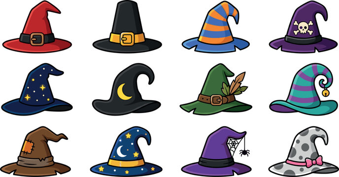 Cartoon Halloween Witch Hat Collection with Magical Fantasy Costume Designs for Spooky Holiday Vector Illustration Set